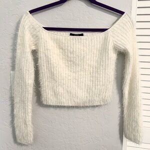 Forever 21 White Fuzzy Off Shoulder Cropped Sweater (Size L)